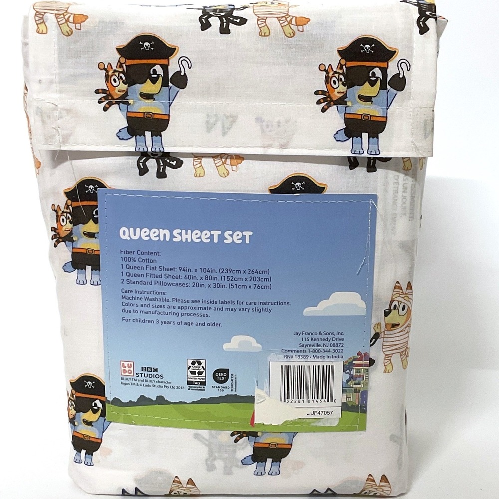 Bluey Halloween Queen Sheet Set 100% Cotton 4pc Pirate Mummy Skeleton White New - Picture 4 of 4